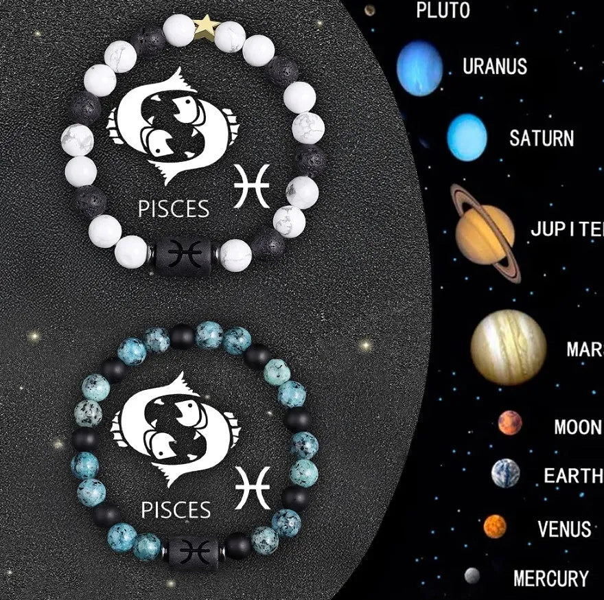 Set of two beaded bracelets with natural stone beads on an elastic cord, representing zodiac signs.