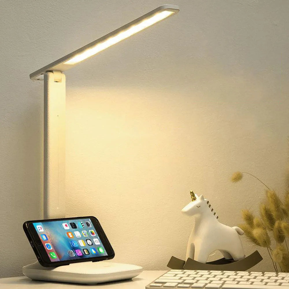 White touch dimming eye protection bedside lamp with USB charging port.