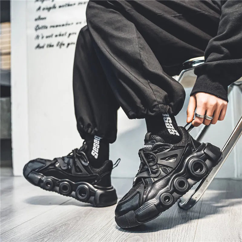 Men's black mesh sneakers with thick rubber sole and lace-up front in Korean style casual design