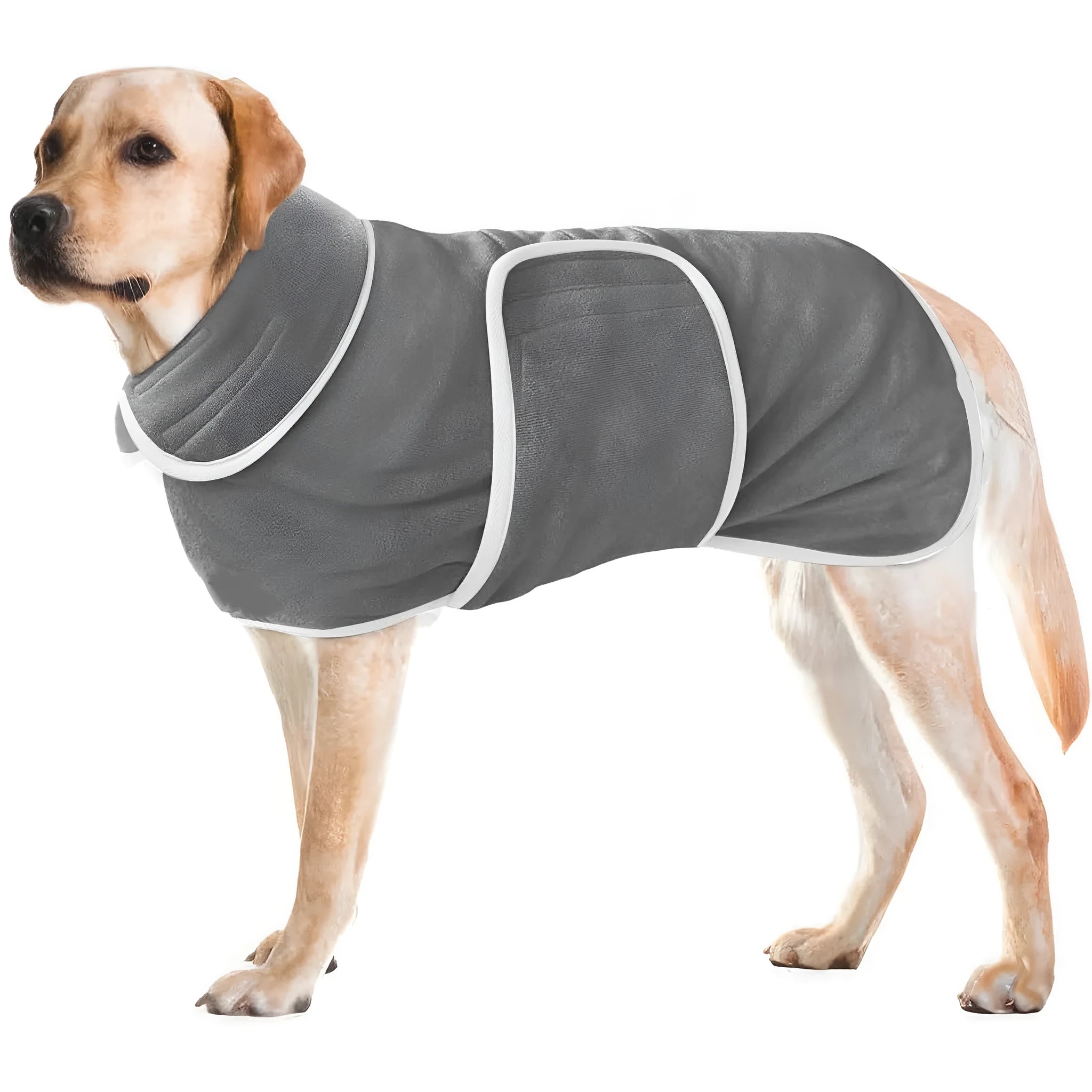 Super absorbent one-piece dog bathrobe and towel outfit shown on a dog, available in seven sizes.