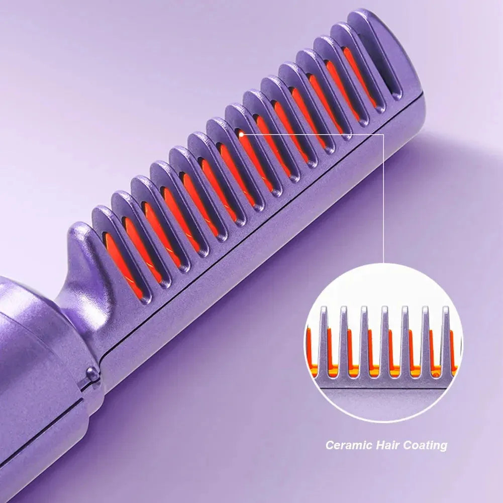 Cordless hair straightener brush with ceramic coating, available in purple, green, and pink, showing compact design