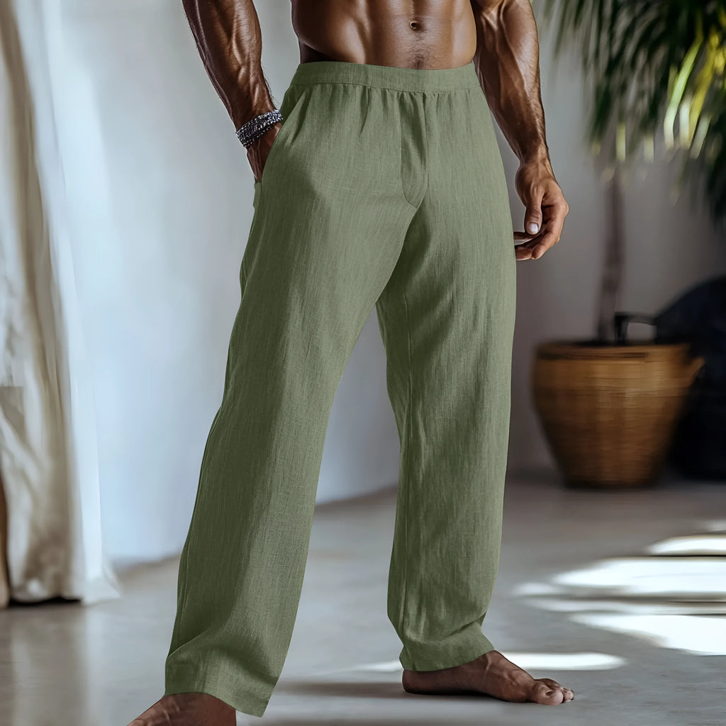 Straight leg casual trousers in a cotton linen blend, shown in one of seven available solid colours.