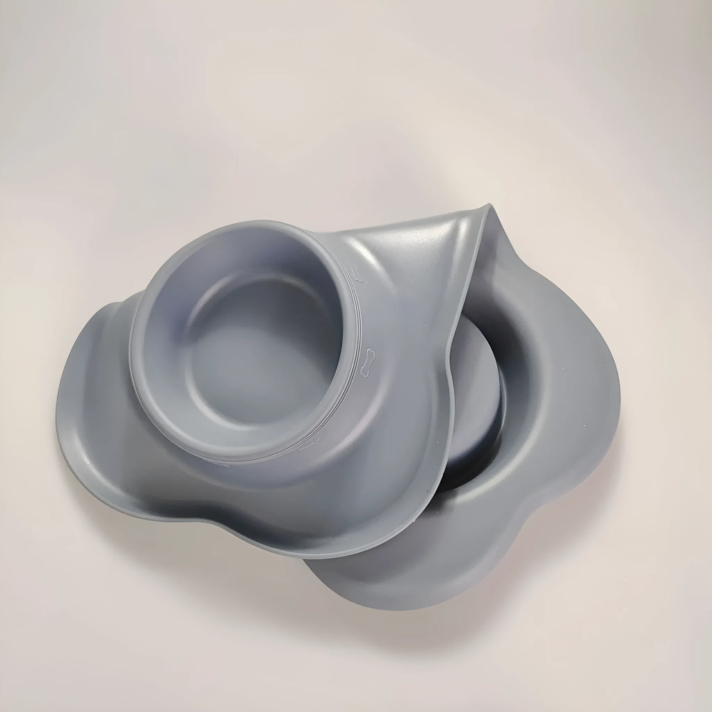 Silicone double compartment dog bowl with stainless steel inserts in blue colour