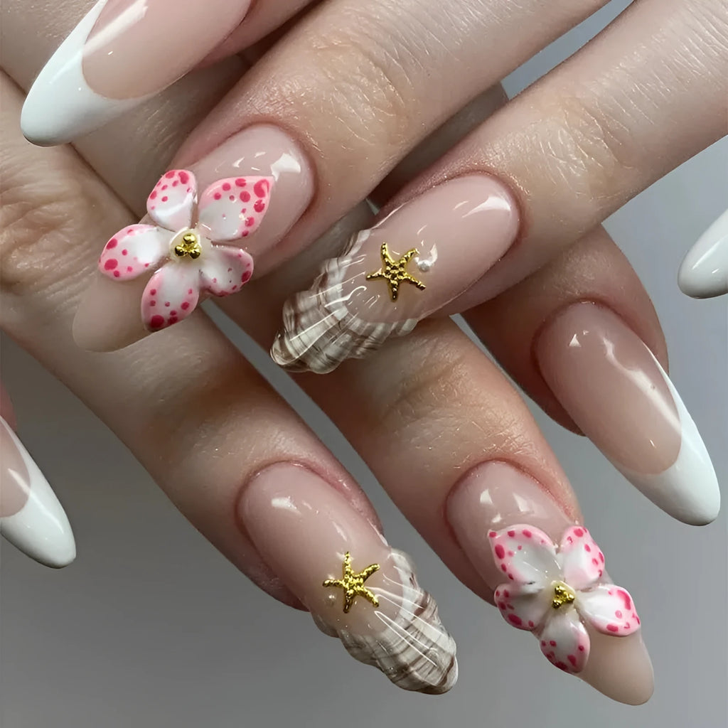 French style press-on false nails with rock pattern floral patches in simple flower design