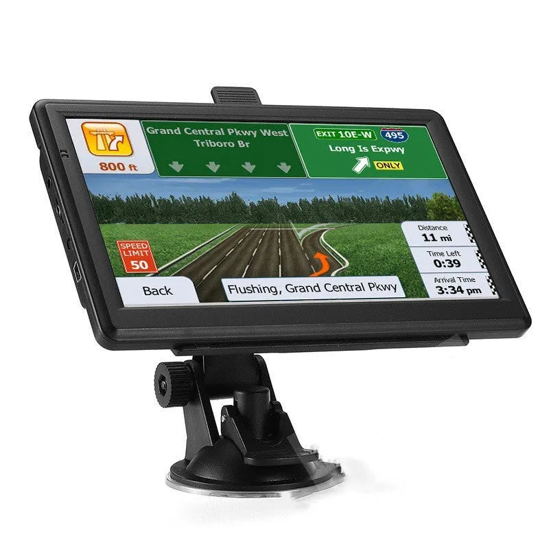 7 inch car GPS navigation device with touchscreen display showing map interface