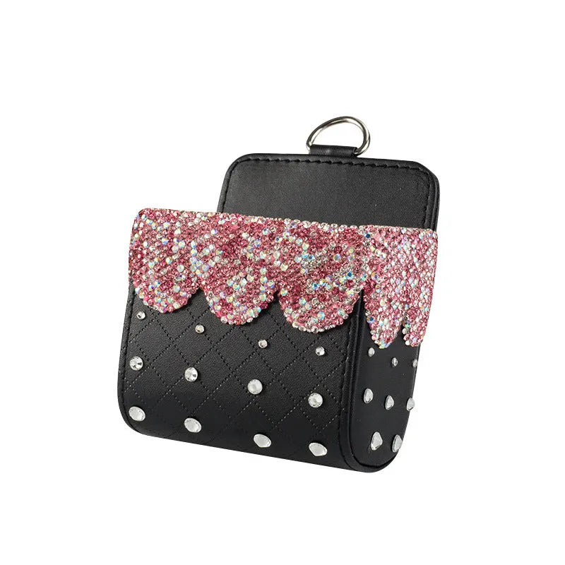 110x110mm diamond-studded car decoration ornament in preferred leather with Czech rhinestones, White colour