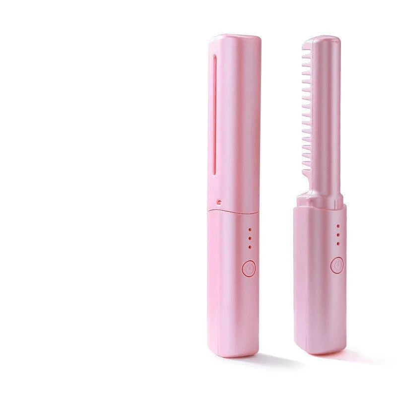Cordless hair straightener brush with ceramic coating, available in purple, green, and pink, showing compact design