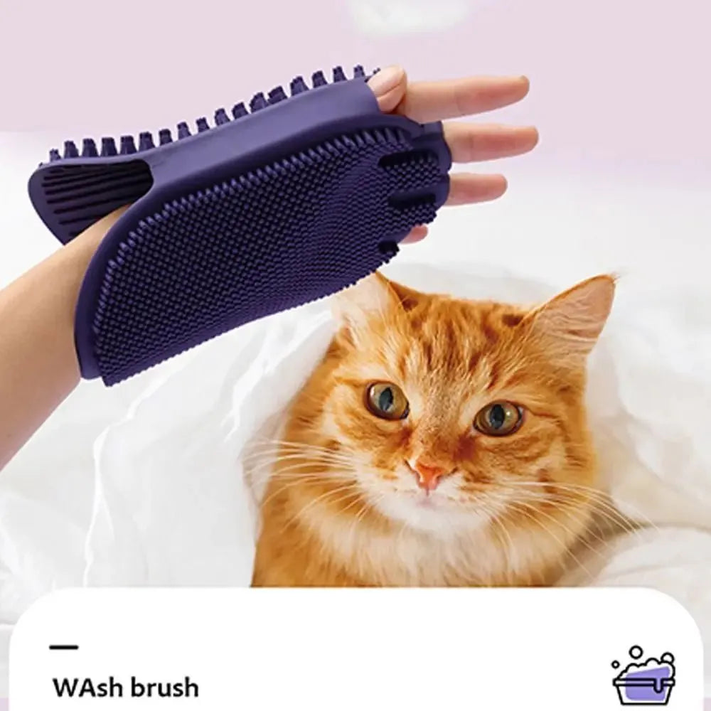 Purple dual-sided pet shampoo massage brush with soft TPR bristles and ergonomic handle
