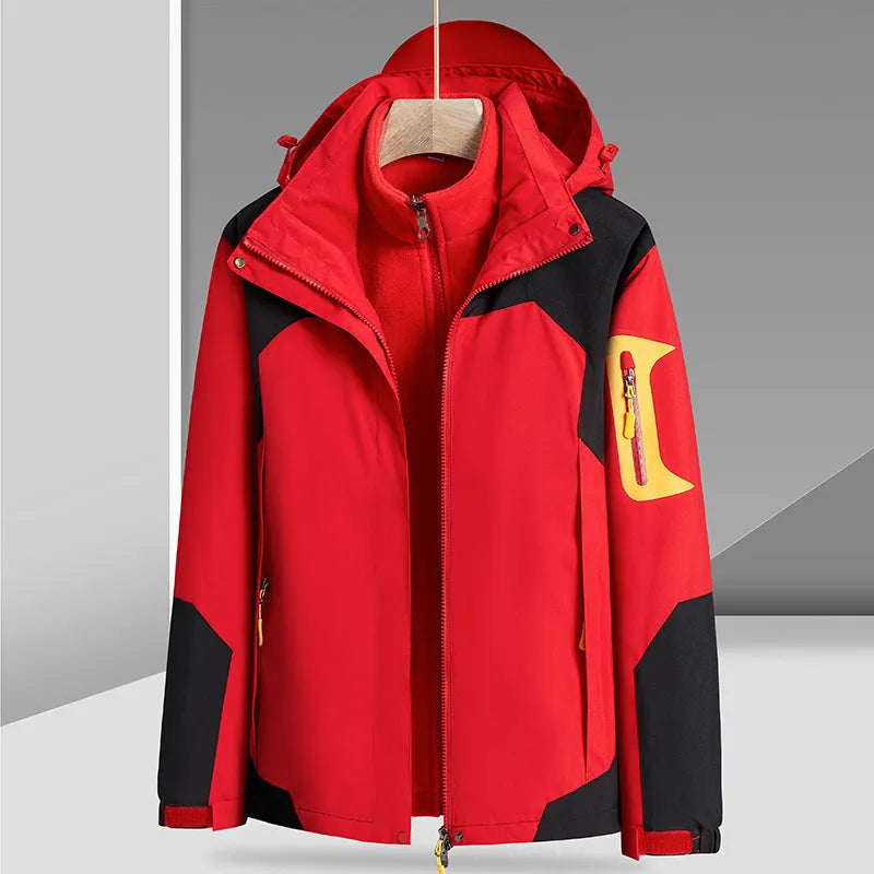 Three-in-one removable liner jacket with hood in bean green for women, windproof and waterproof polyester