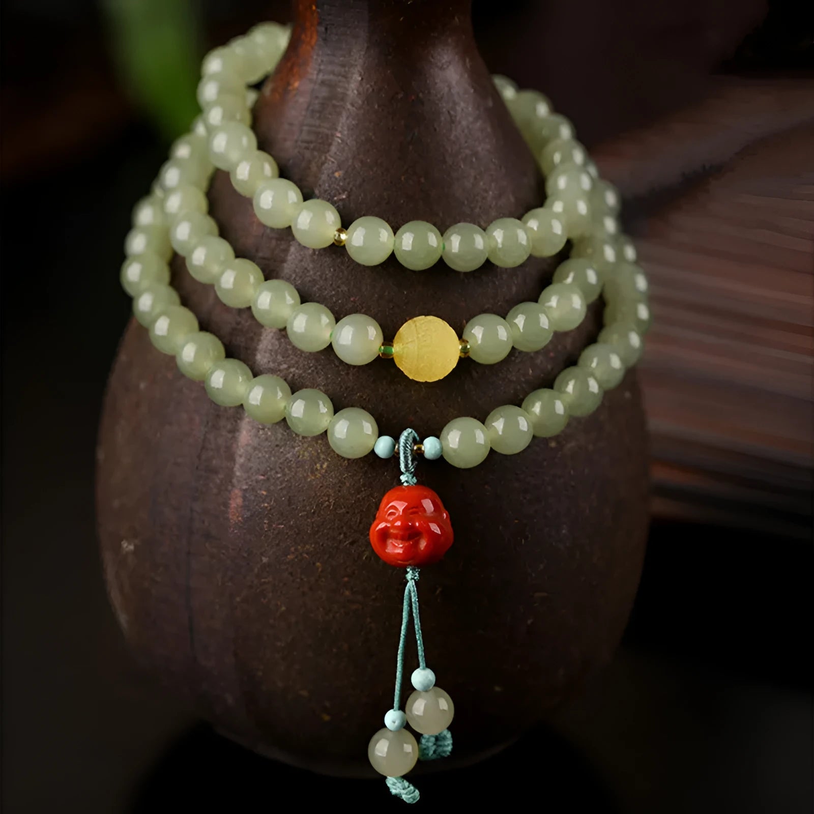Pale blue Hetian jade bracelet with 6mm beads arranged in three-circle pattern