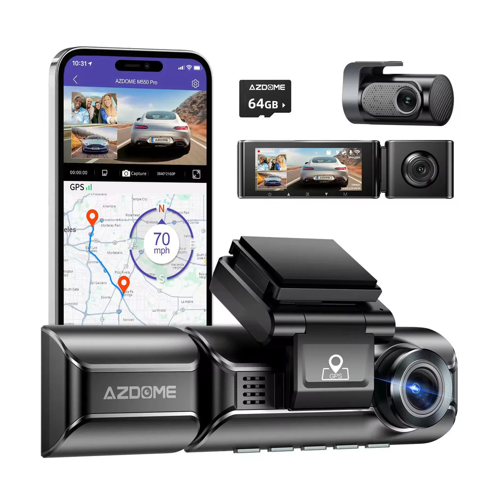 Front and rear view of a dual-lens car dash camera with 3-inch screen mounted on bracket