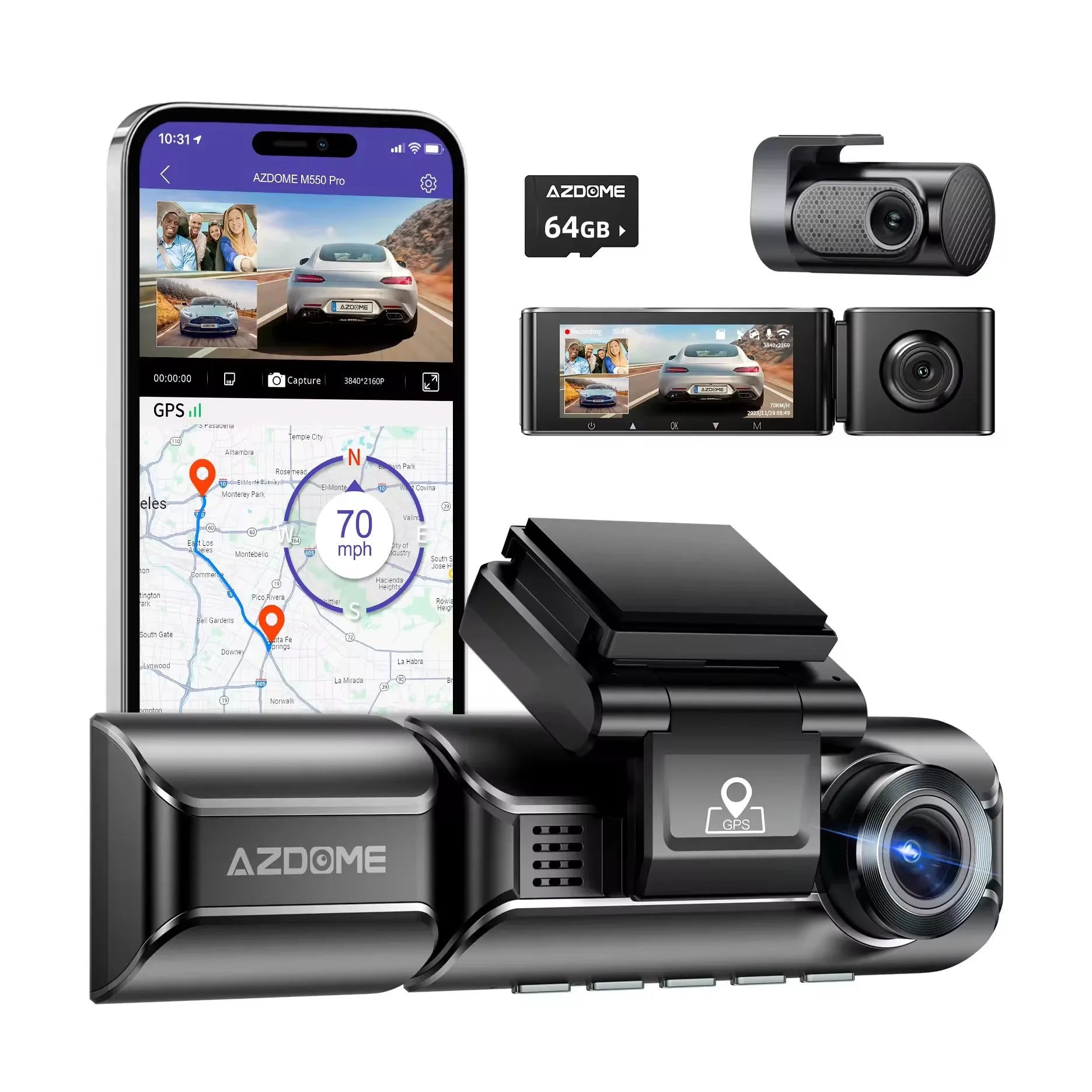Front and rear view of a dual-lens car dash camera with 3-inch screen mounted on bracket