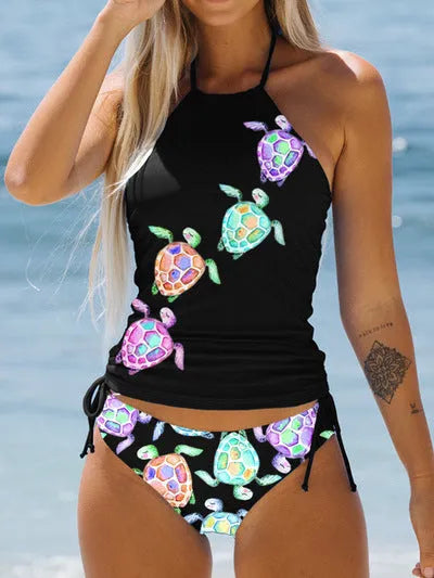 Conservative printed bikini swimsuit for women with colourful pattern and split design