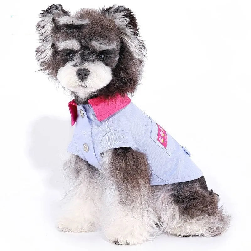 Blue and purple polyester dog vest with integrated leash ring for small dogs in summer