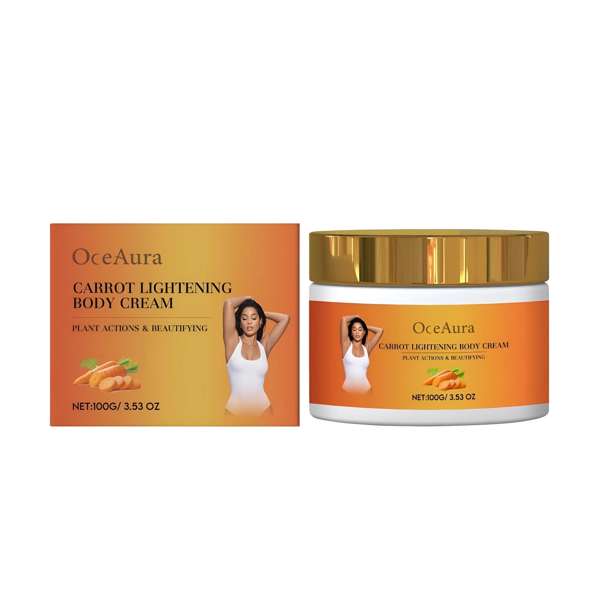 100g bottle of carrot lightening body cream with licorice root extract and vitamin C.