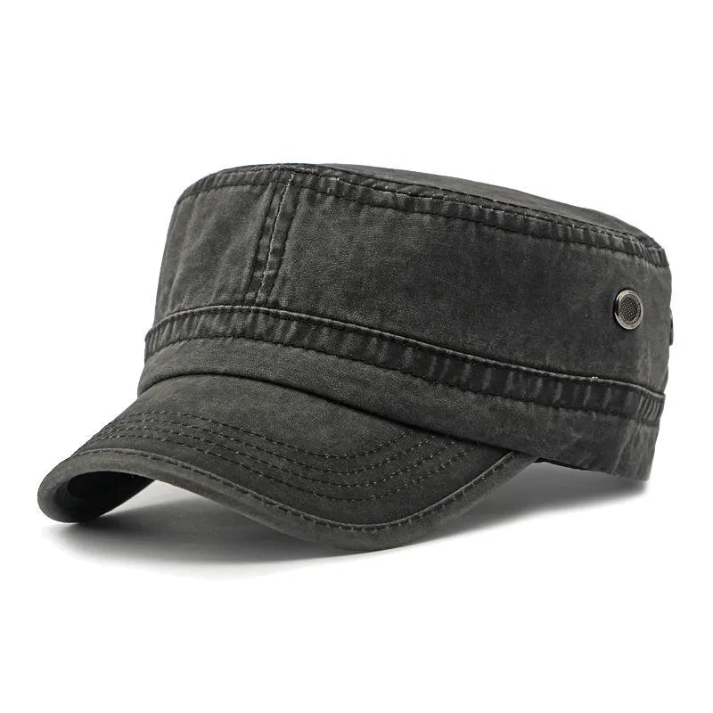 Military flat top cap in cotton fabric with adjustable sizing strap