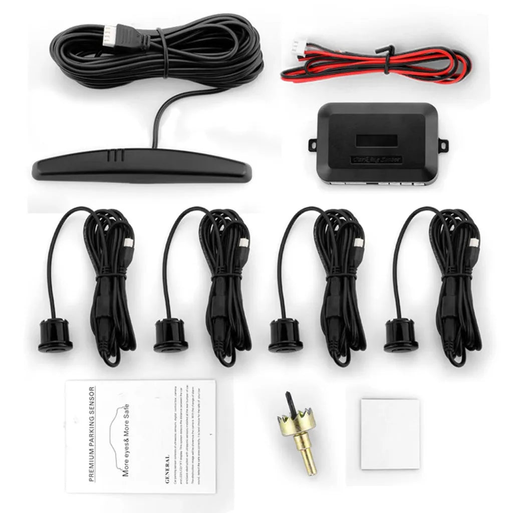 Car LED crescent buzzer parking sensor with four probes in black silver and white for 12V vehicles