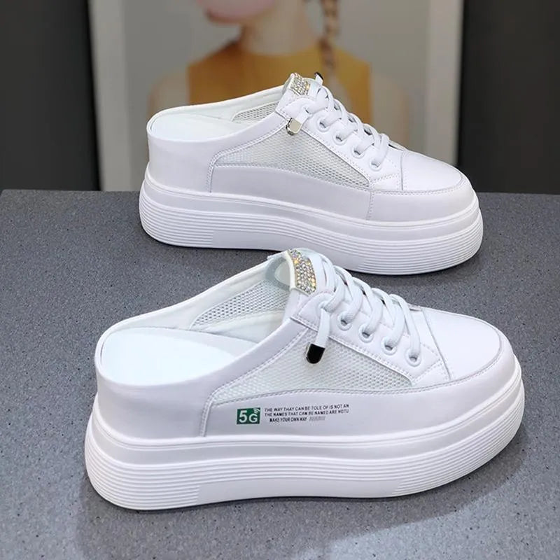 White women's platform shoes with mesh surface design and round toe