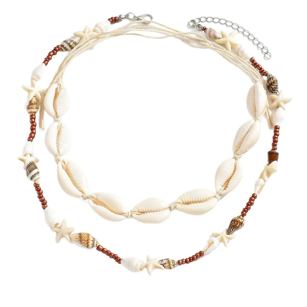 Handcrafted Bohemian shell necklace with geometric pendant on regular chain