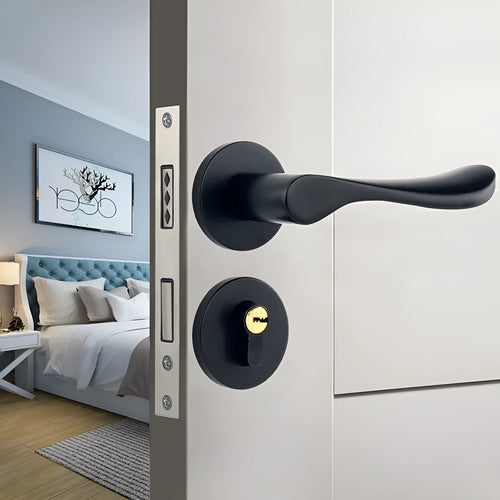 Aluminium alloy split magnetic door lock handle for timber doors in black and silver finish.