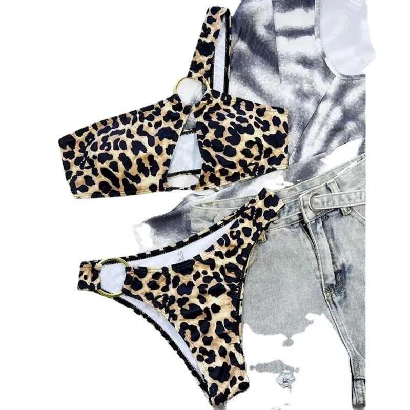 Women's leopard print bikini with hollow design and polka dot pattern, nylon fabric two-piece swimwear set