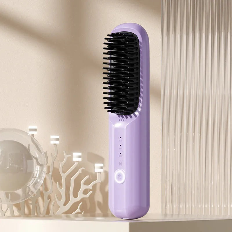 Beige wireless anion straight comb for hair styling on a table