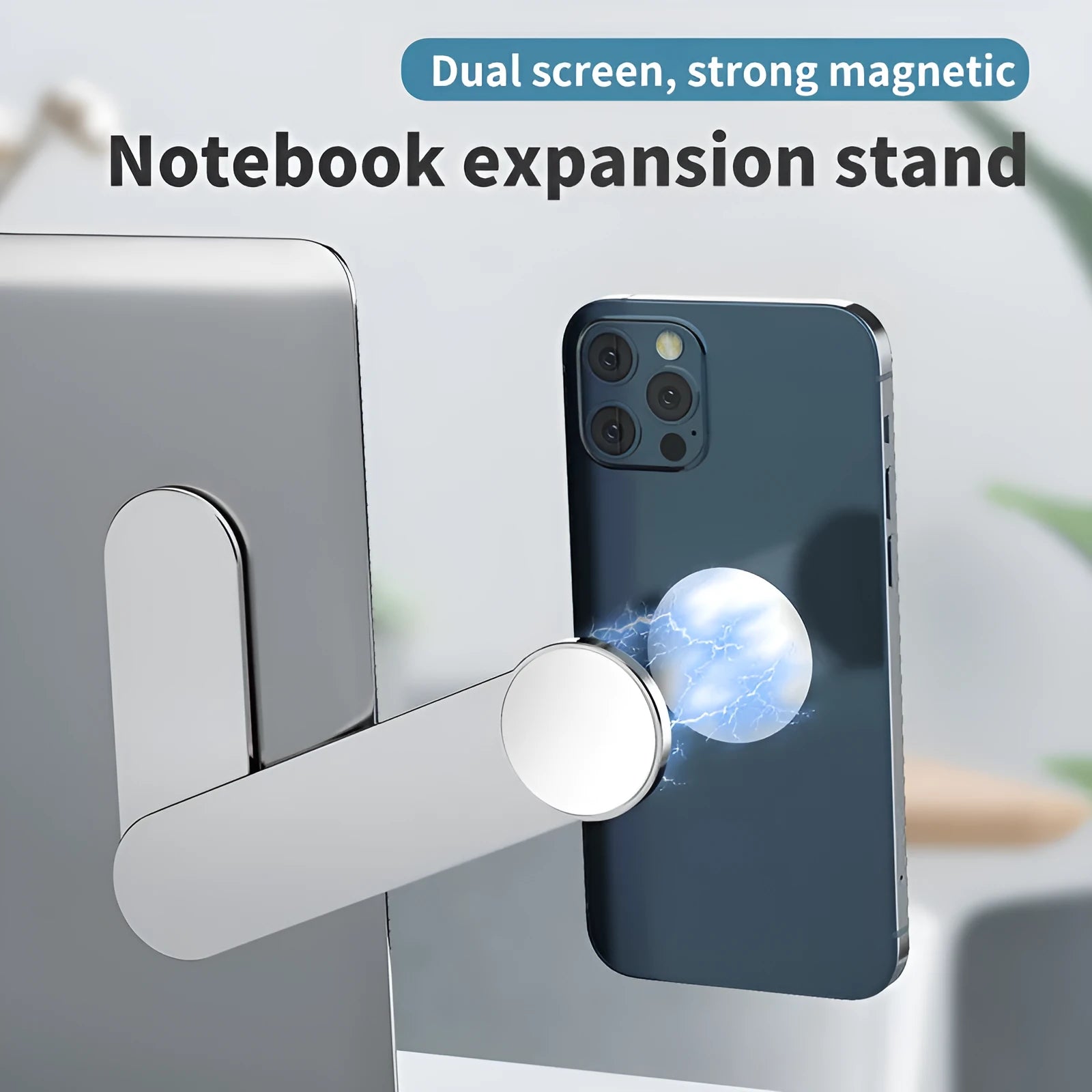 Silver aluminum alloy dual screen extension bracket with magnetic phone holder on desktop