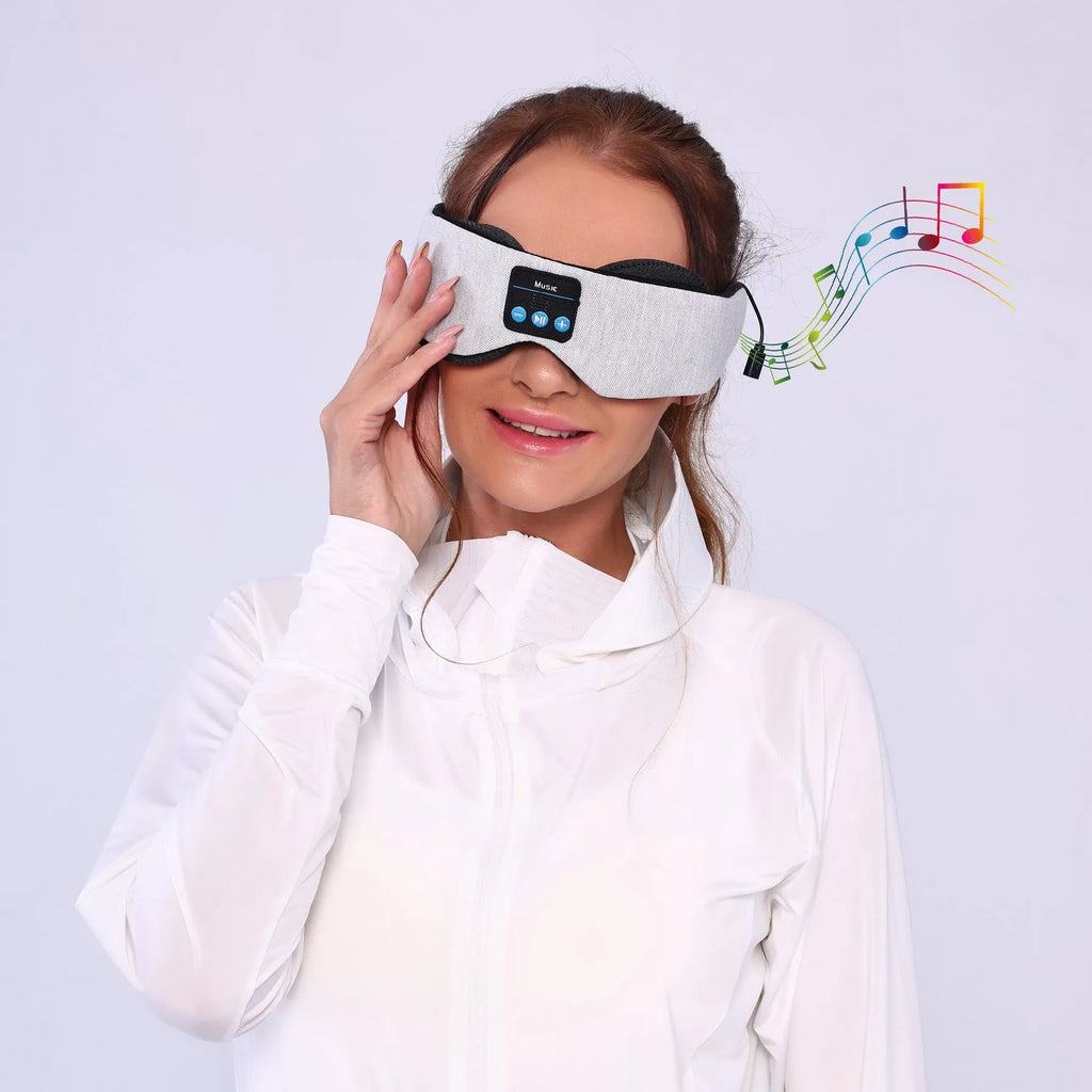 Grey polyester Bluetooth sleeping eye mask with adjustable straps