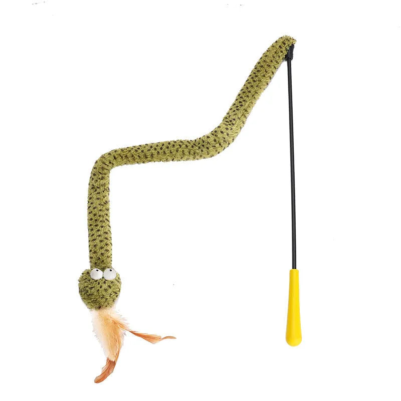 Green cat teasing stick toy with feather attachment on 140cm pole
