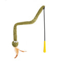 Green cat teasing stick toy with feather attachment on 140cm pole