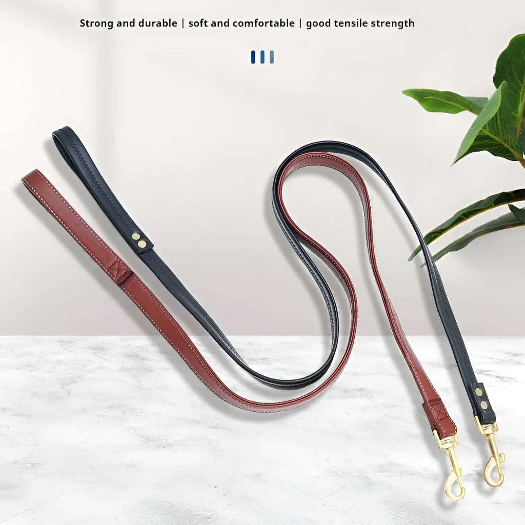 Black PU leather dog traction belt showing length measurement options for secure canine control