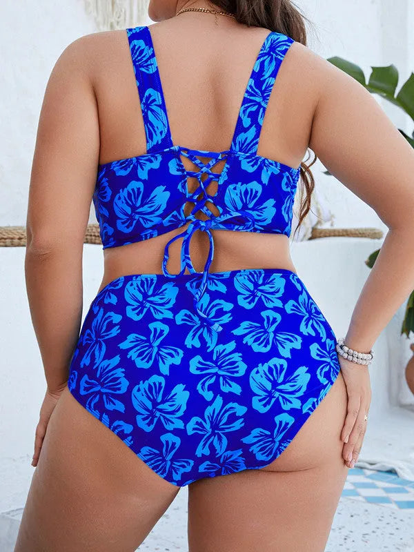 Blue floral print women's plus size split bikini swimsuit for outdoor swimming.