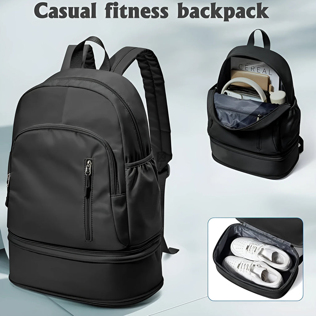 Women's casual travel backpack in solid colour with contrast stitching and adjustable curved shoulder straps