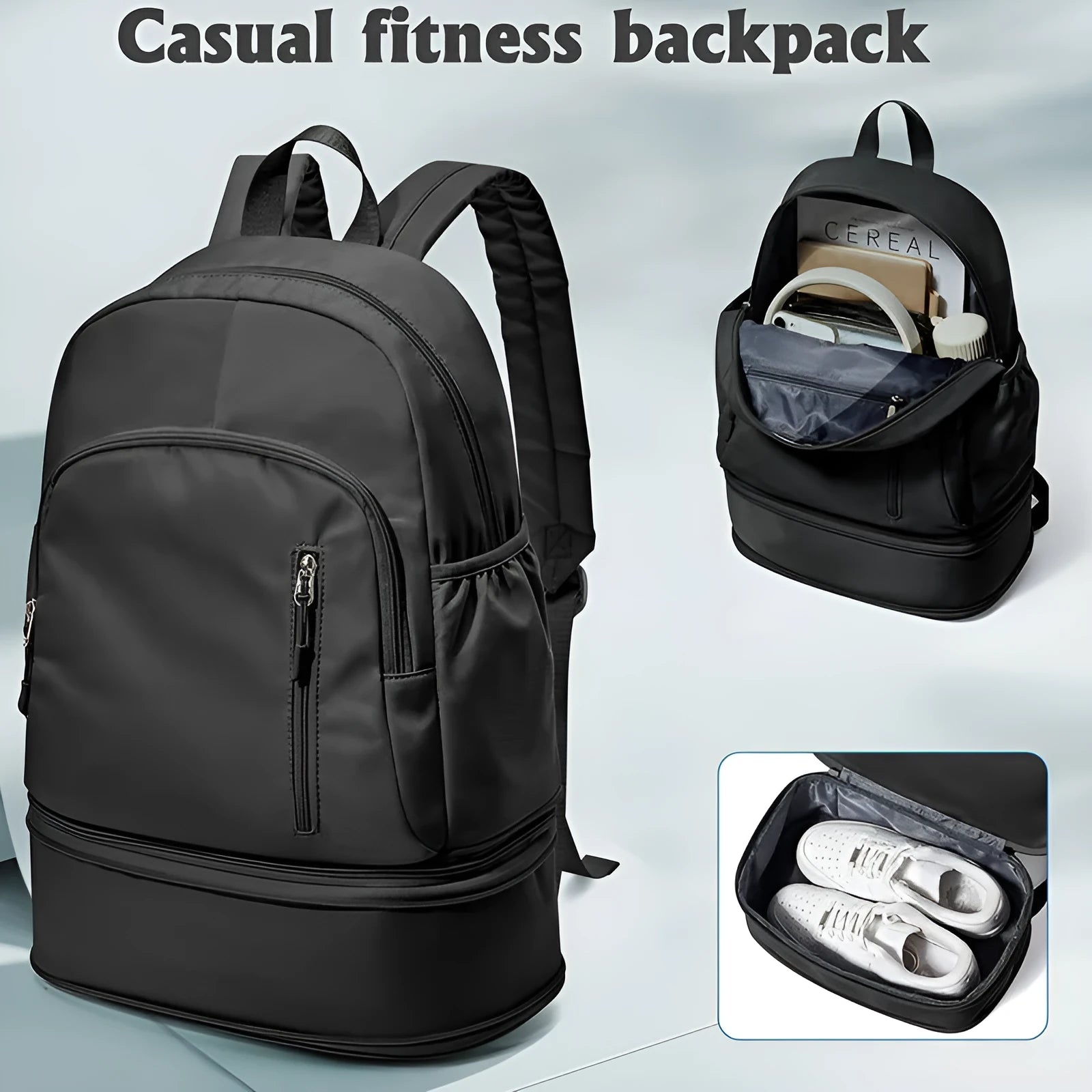Women's casual travel backpack in solid colour with contrast stitching and adjustable curved shoulder straps