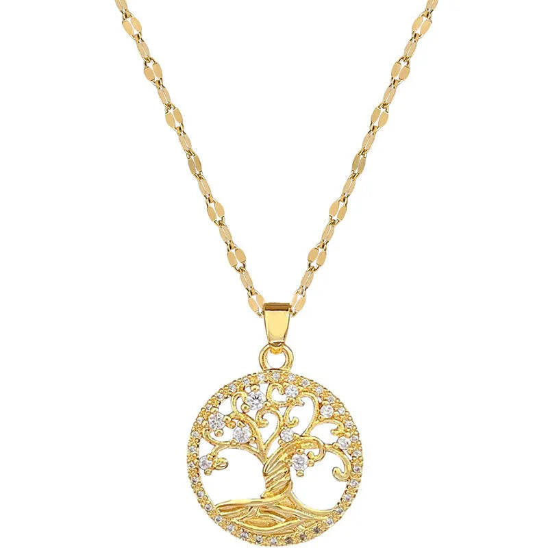 Gold-colour adjustable necklace with a mother-of-pearl pendant featuring a sparkling zircon lucky tree inlay.