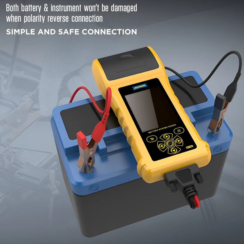 Autool BT760 vehicle battery tester with colour screen and red and black connection clips.
