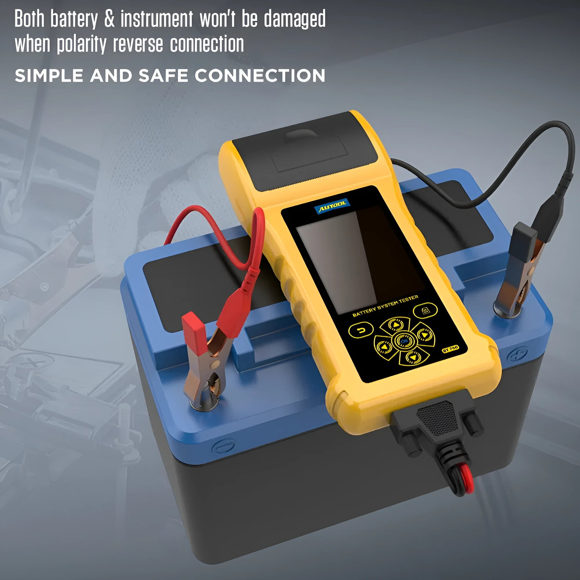 Autool BT760 vehicle battery tester with colour screen and red and black connection clips.