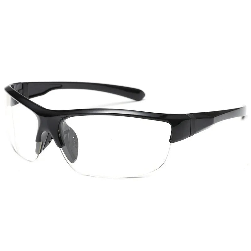 Men's windproof cycling sunglasses with semi-frameless frame and PC lenses in multiple colour options.