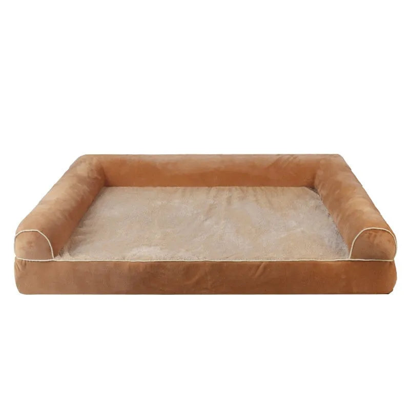 A dark grey, rectangular sponge dog bed with a removable cloth cover, shown inside a metal wire crate.