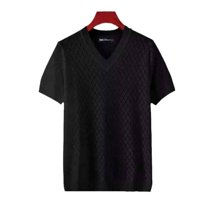 Men's black and white Ice Silk t-shirt with cut-out detail, showing V-neck and round neck style options.