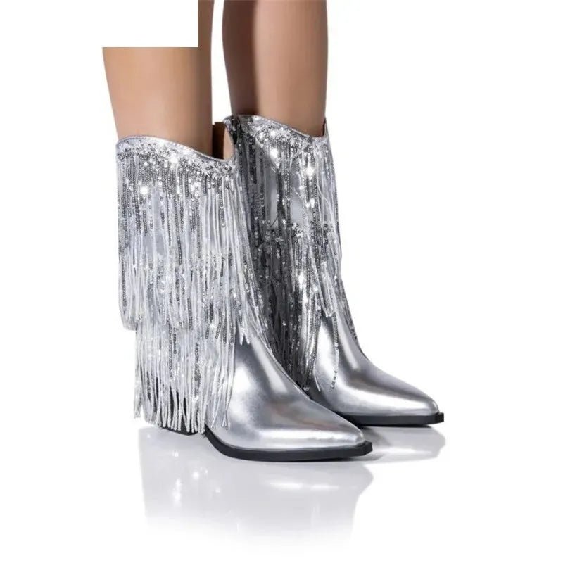 Women's black chunky heel ankle boots with tassel decoration and a high stiletto heel.