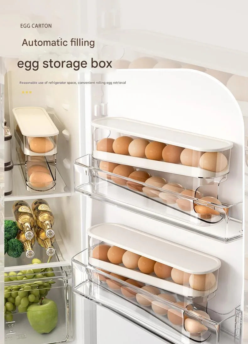 White plastic refrigerator slide-out egg tray with automatic dispenser mounted on refrigerator door