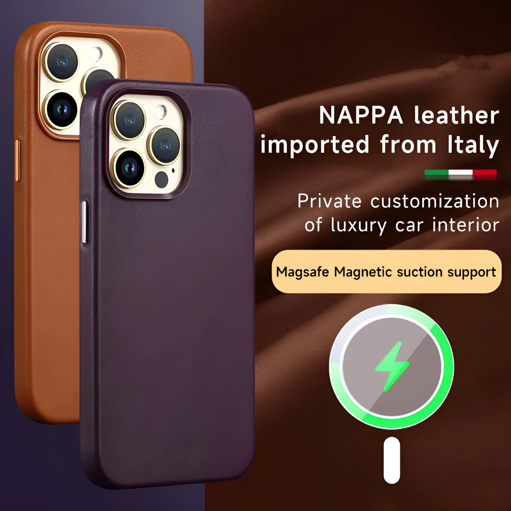 Genuine leather magnetic phone case for iPhone showing strong magnetic adsorption in Berry Purple colour