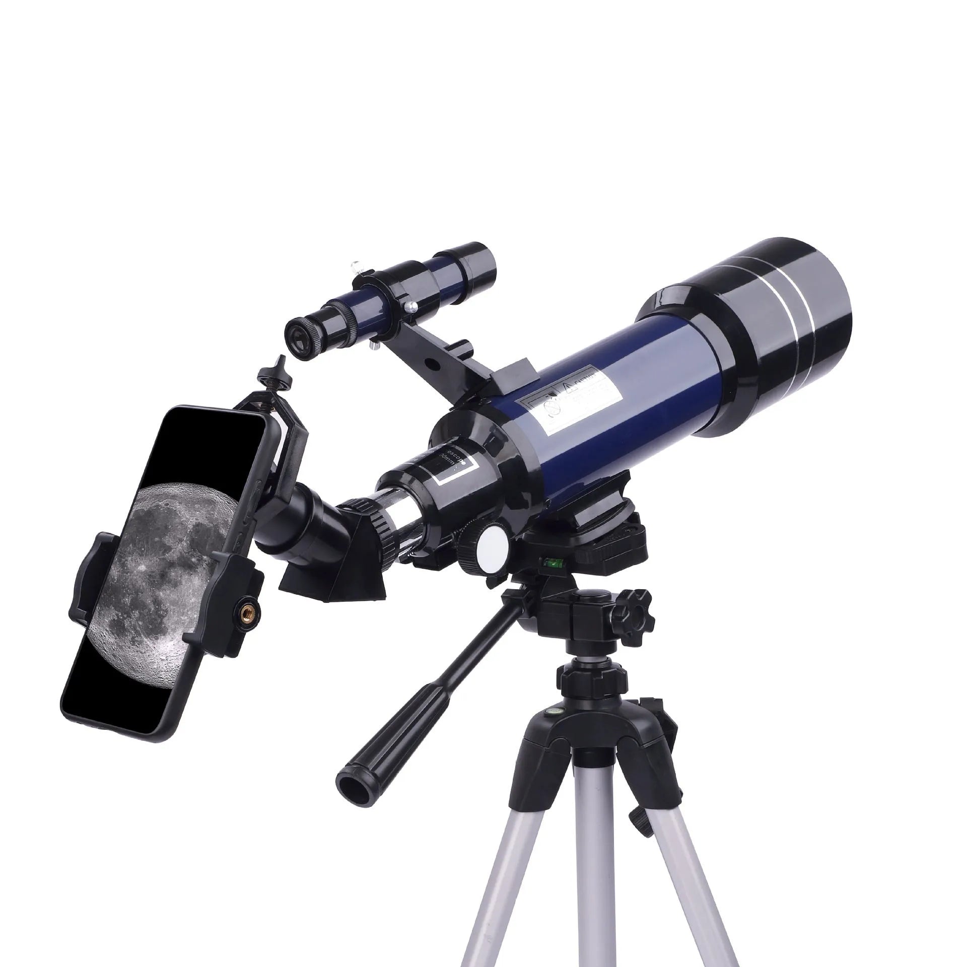 Dark blue and white children's astronomical monocular telescope on a tripod with a mobile phone holder attached.