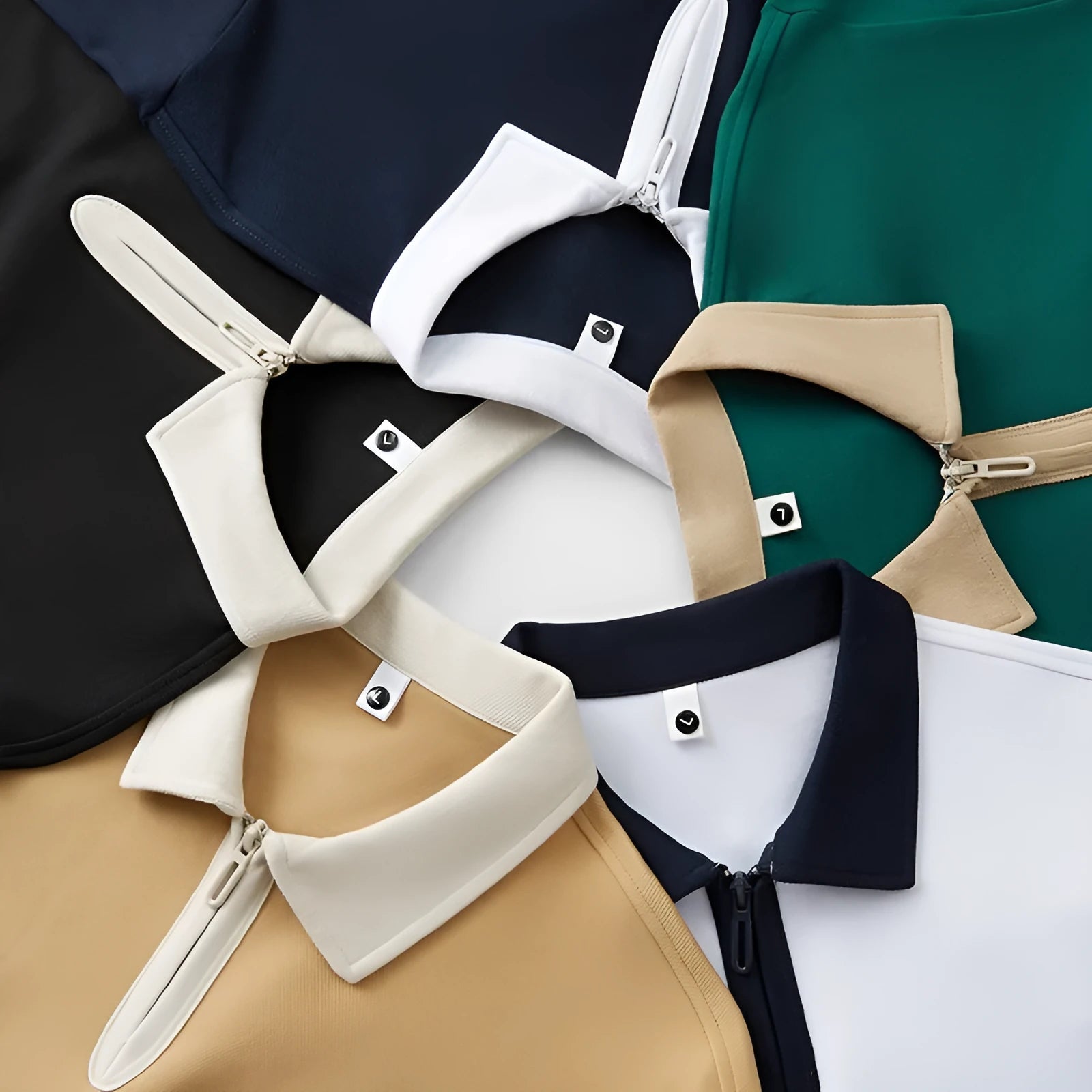 Man's solid colour polo shirt with a front zipper and lapel collar, shown in a loose fit.