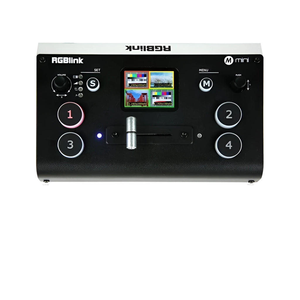 RGBLINK 4-input 1-output HDMI video switcher with TFT screen and audio input ports