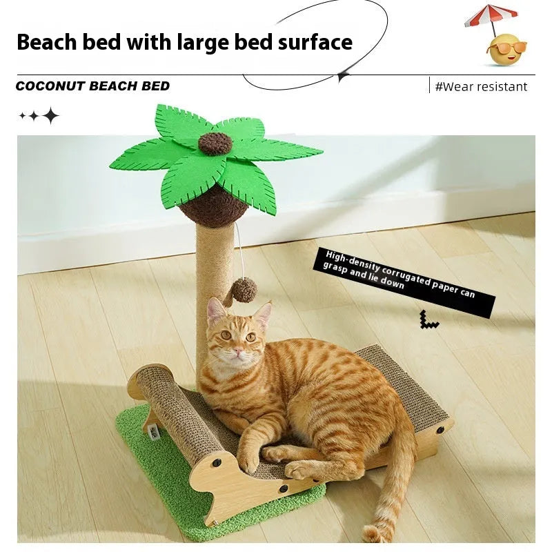 Wooden beach chair-style cat climbing frame with integrated hemp scratching mat.