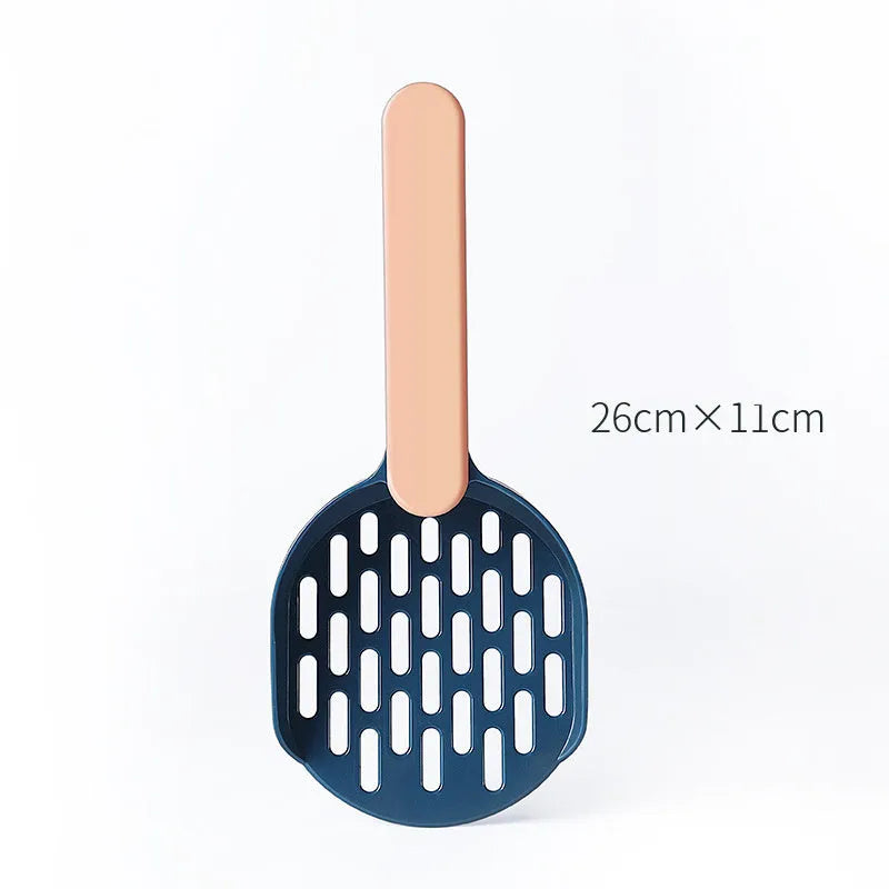 Blue plastic cat litter shovel with angled handle on a white background.