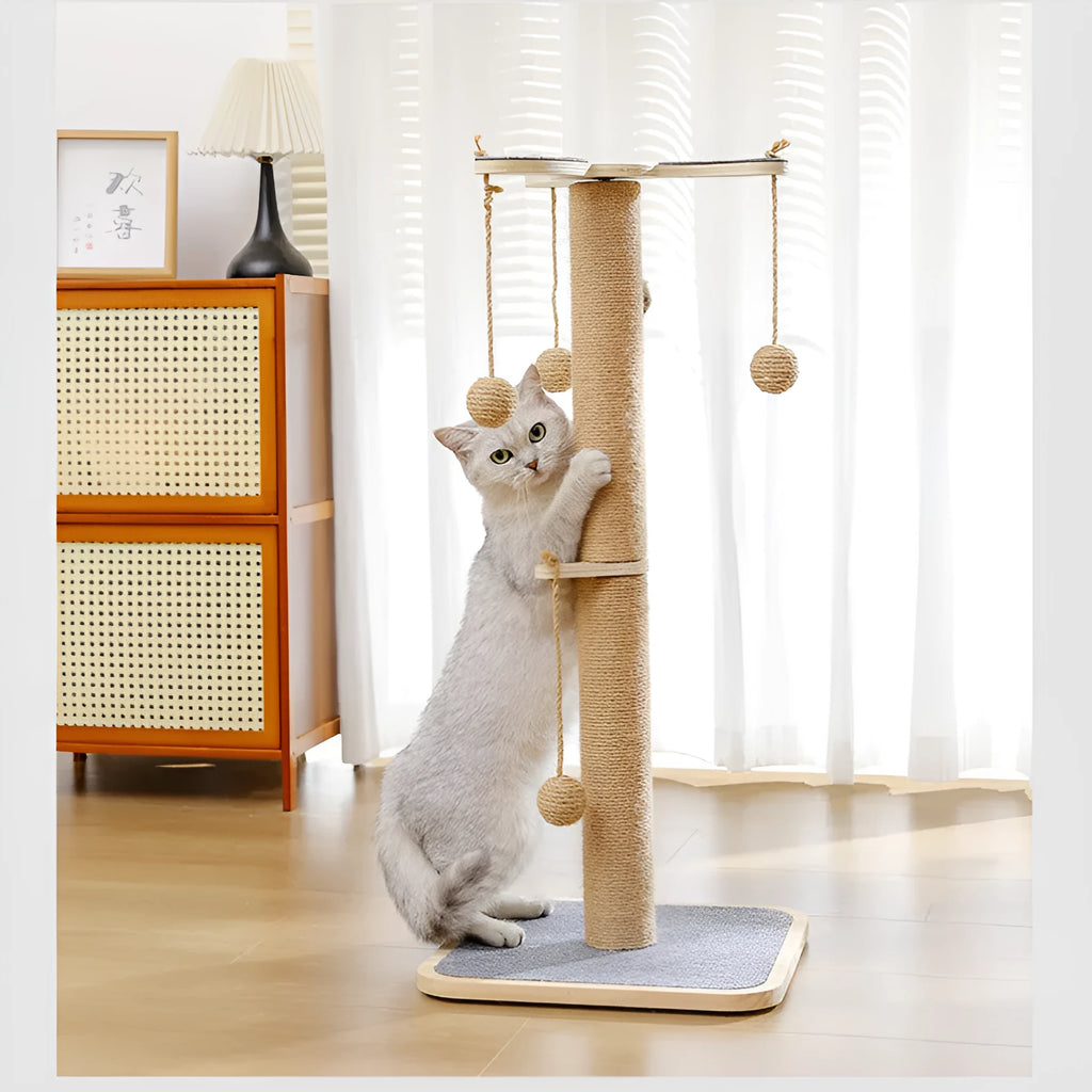Natural wood tone cat climbing frame with a red hanging ball toy and beige carpet leather scratching surfaces.
