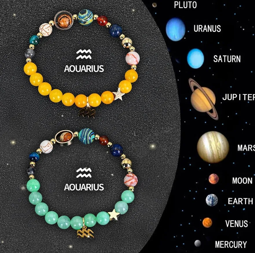 Set of two natural stone beaded bracelets showing different zodiac signs on an elastic cord.